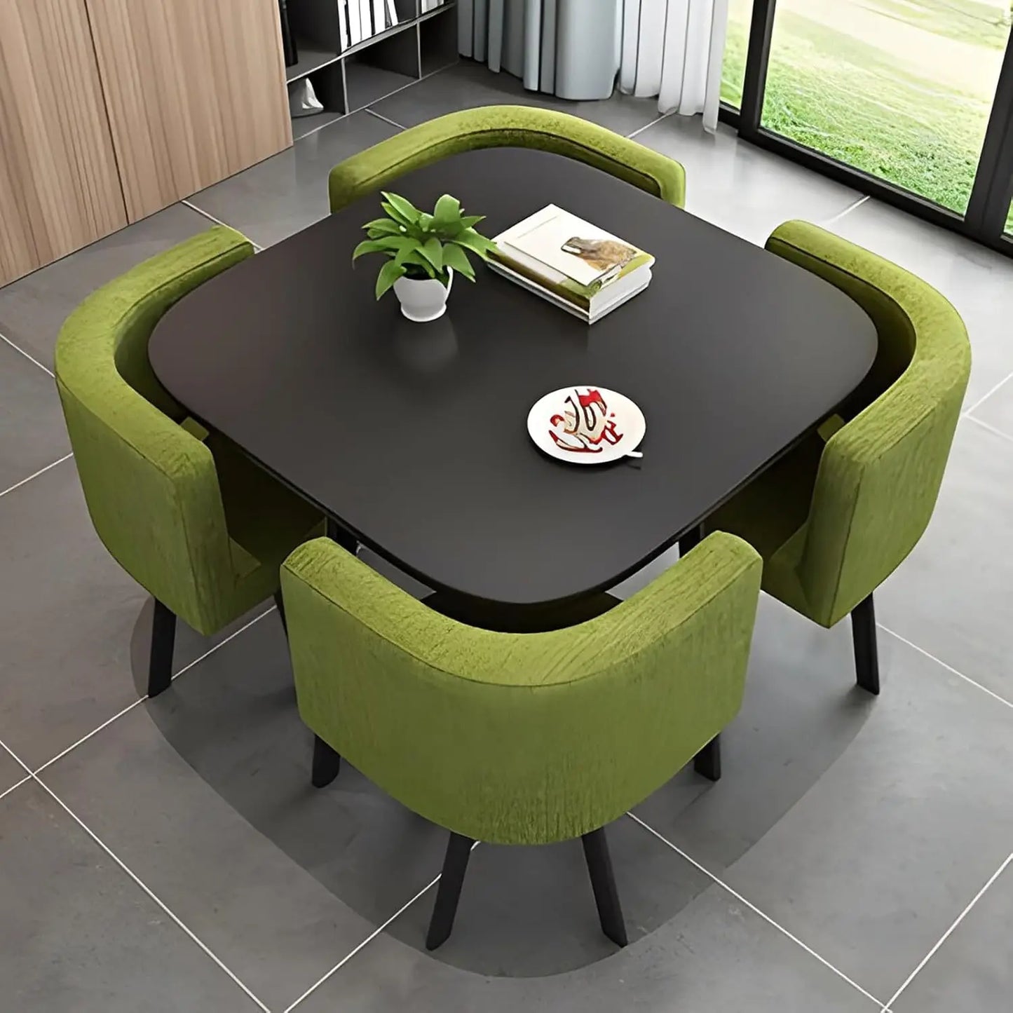 5-Piece Modern Dining Set, Stone-Style Table with Space-Saving Chairs