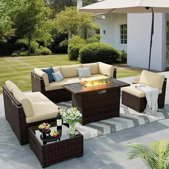 8-Piece Outdoor Patio Set with 44'' Gas Fire Pit – Rattan Sectional Conversation Furniture