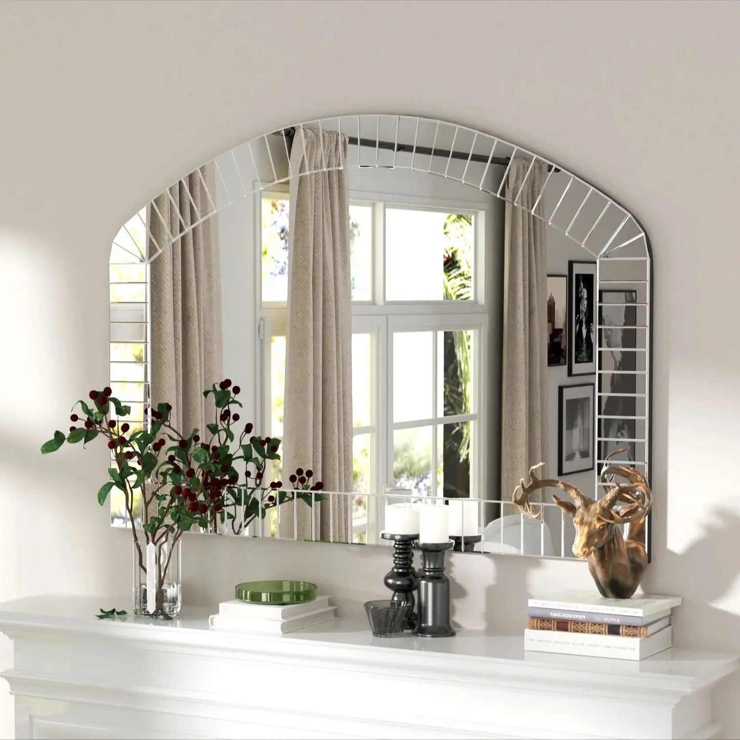 Large Silver Arched Wall Mirror – Venetian-Style Decorative Accent with Beveled Glass