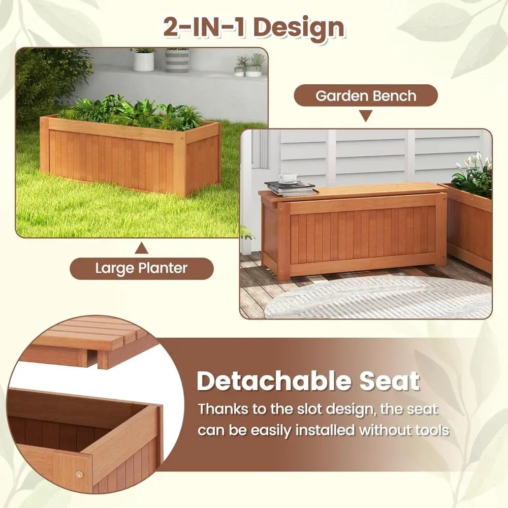 Rustic Garden Bed with Bench – Deep Wooden Planter Box for Outdoor Growing