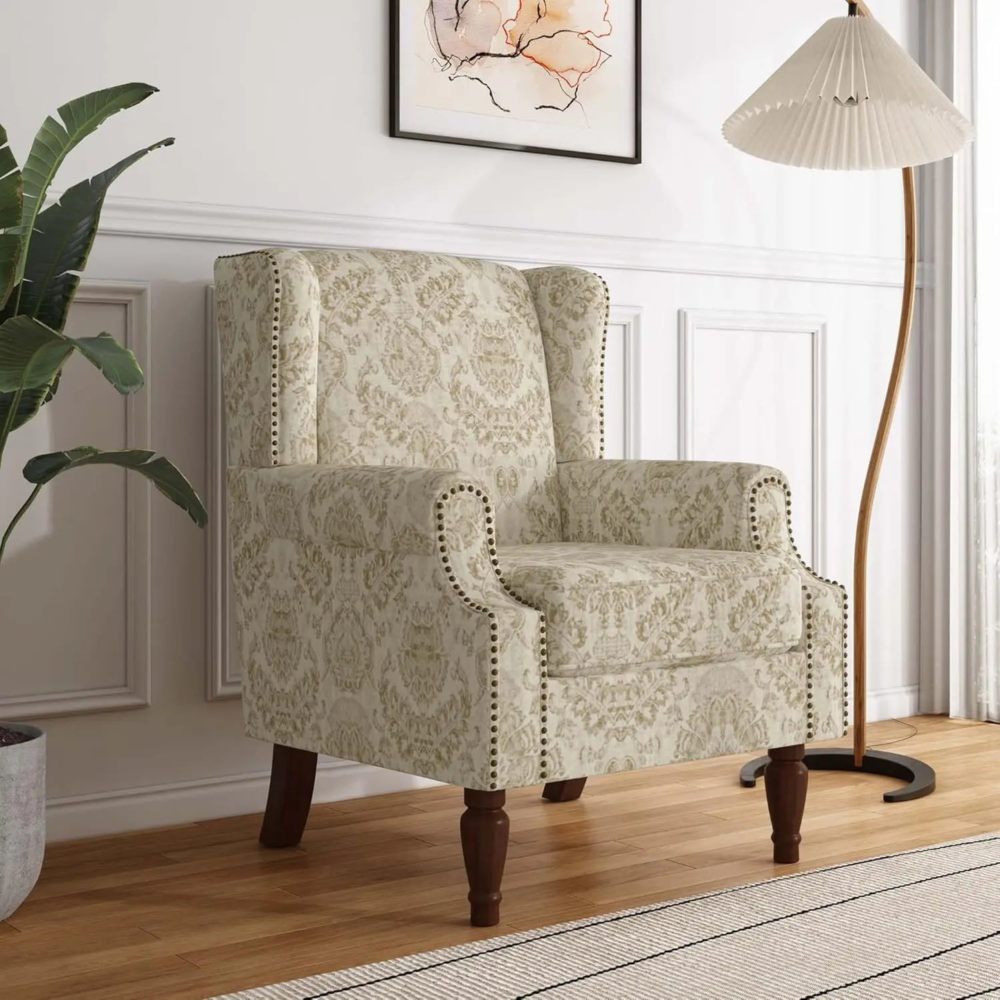 Accent Arm Chair, Upholstered High Back Wingback with Nailhead Trim