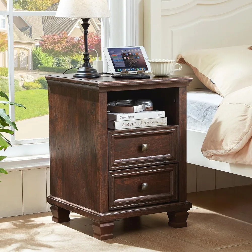 24" Farmhouse Walnut Nightstand with Charging Station, 2 Drawers End Table