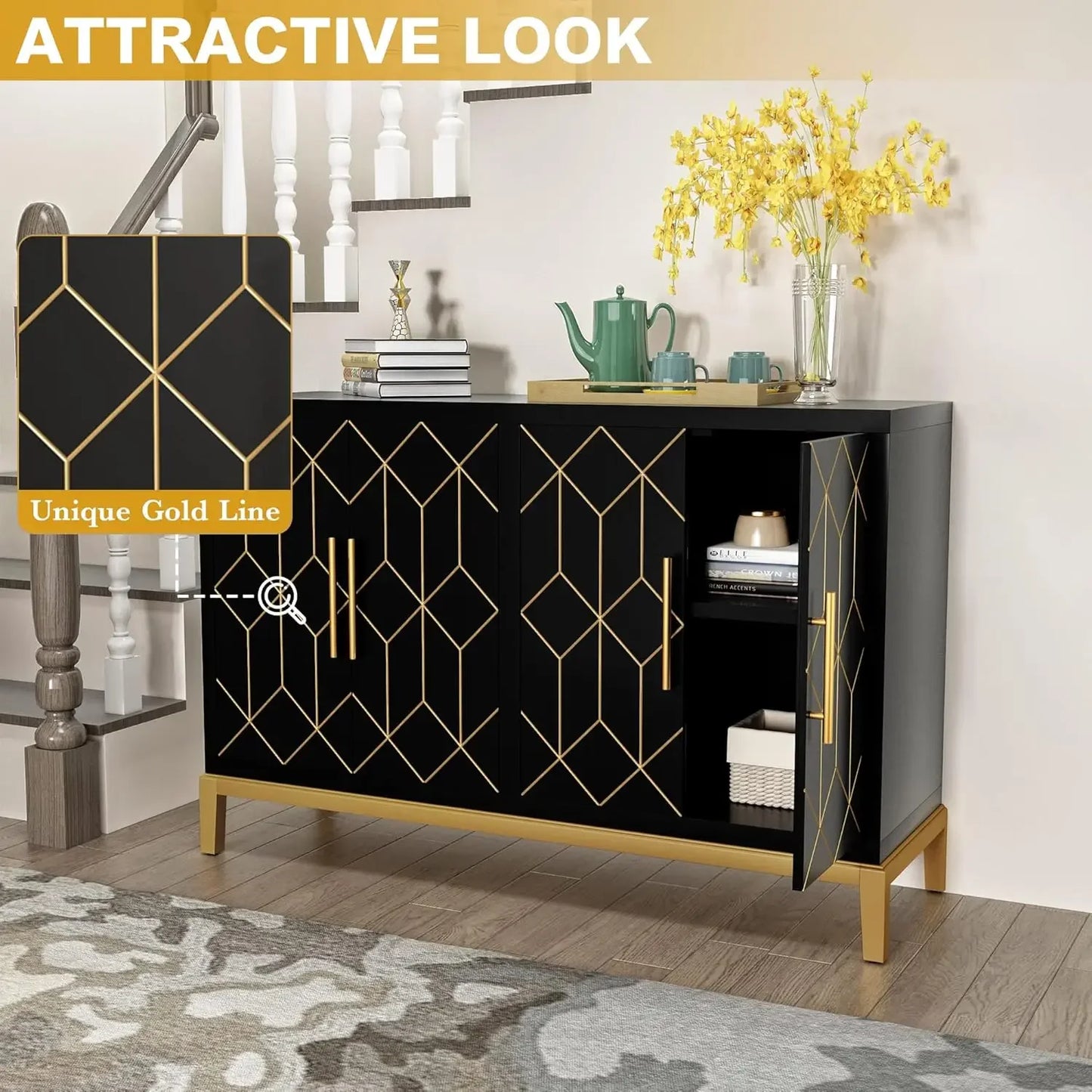 Accent Cabinet with 4 Doors & Shelves Gold Black