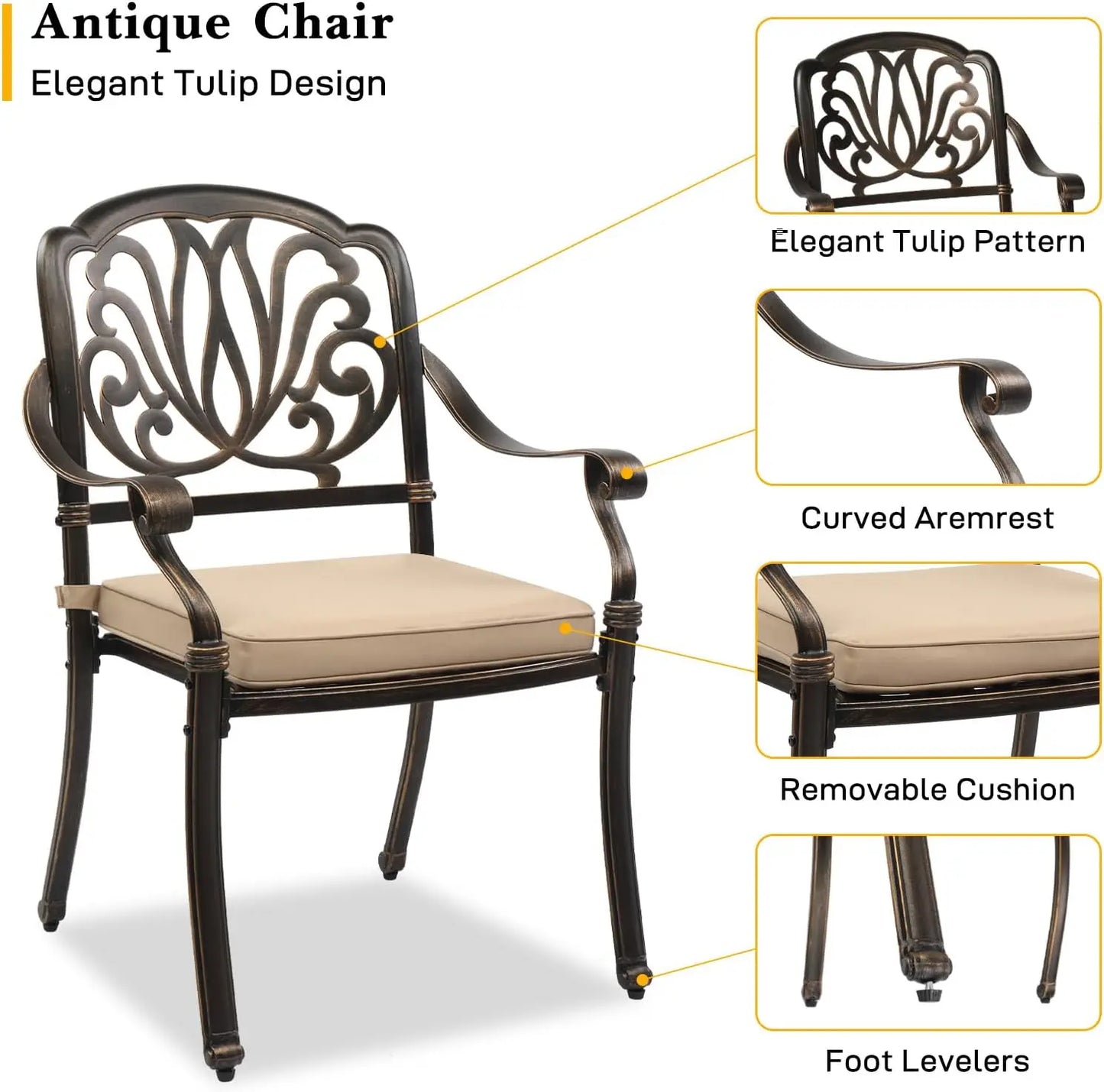 Set of 4 Outdoor Patio Chairs with Cushions – Cast Aluminum Chairs, Weather-Resistant & Stylish