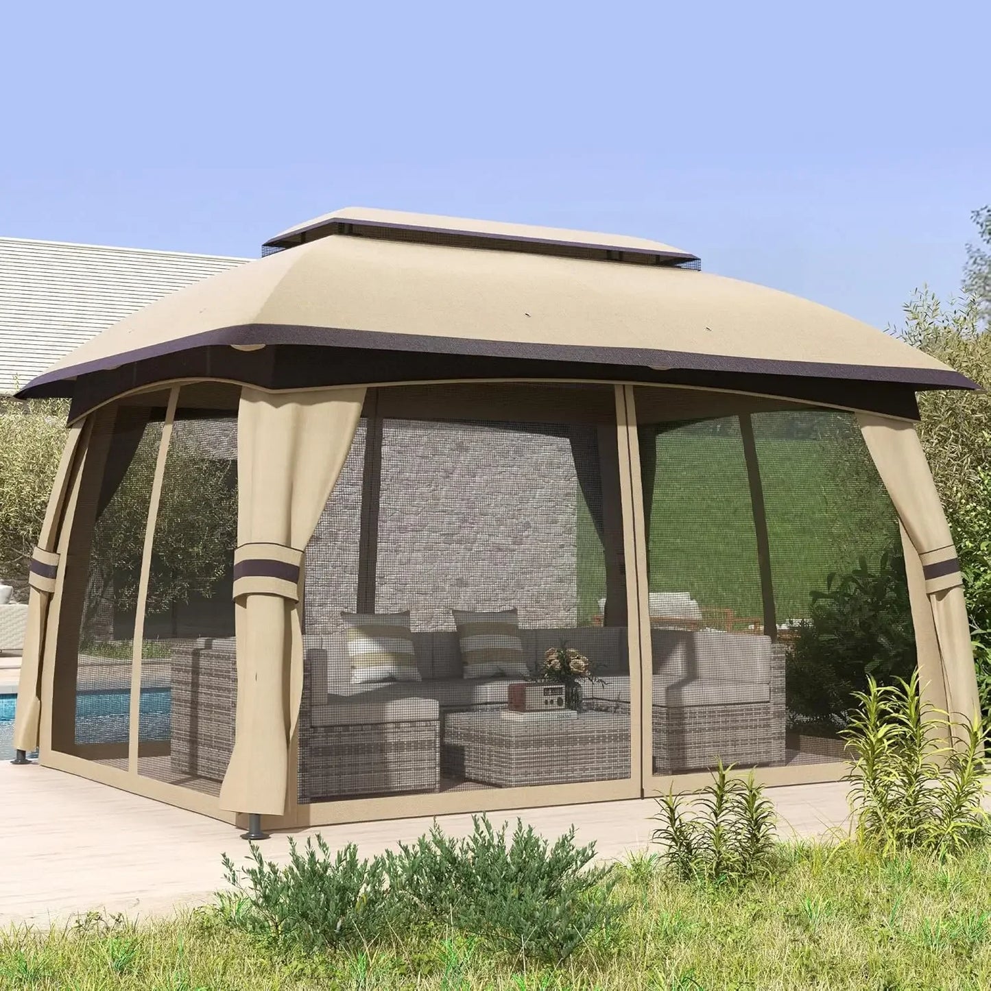 ✅ 10' x 13' Patio Gazebo with Netting – Beige Canopy Shelter, Sturdy Steel Frame