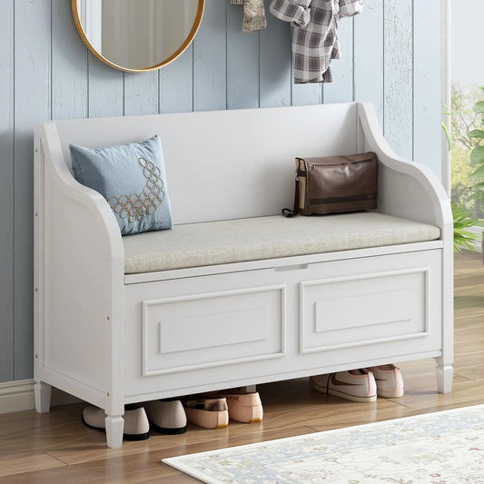 Multifunctional Entryway Wooden Storage Bench with Shoe Cabinet and Safety Hinge