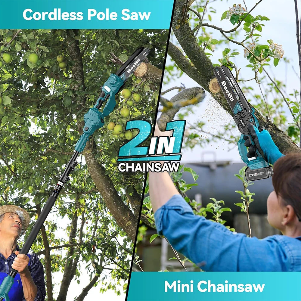 2-in-1 Cordless Electric Chainsaw & Pole Saw – 8" with 3M Extension for Tree Trimming & Pruning