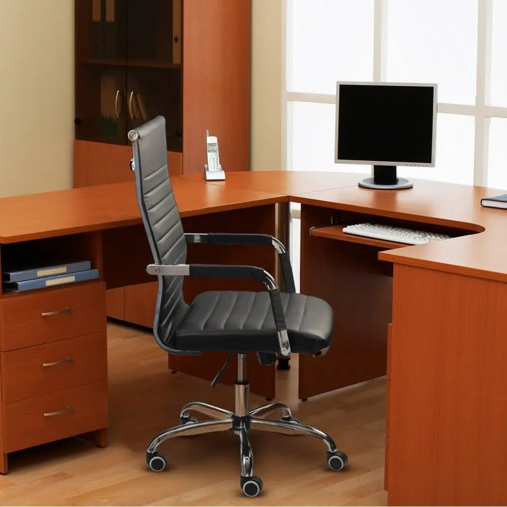 Ribbed Office Desk Chair Mid Back PU Leather Adjustable Swivel Chair with Arms