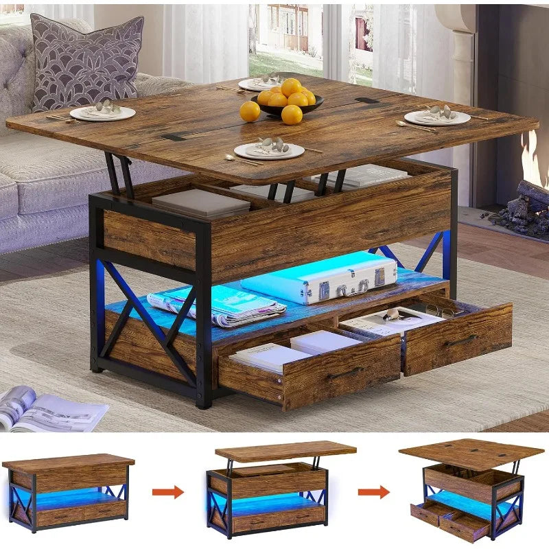 40" Lift Top Farmhouse Coffee Table with Storage, 2 Drawers & LED