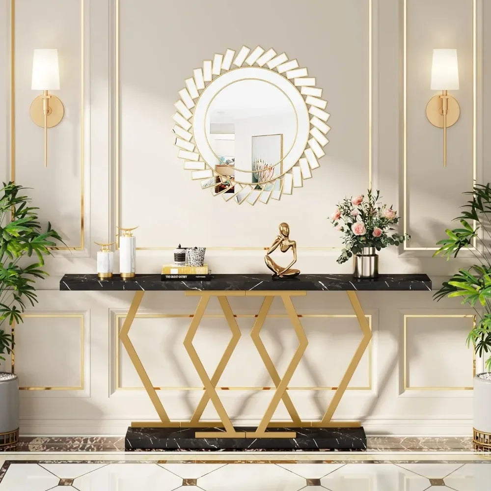 70.9" Extra Long Console Table, Faux Marble Top, Modern Table with Gold or Black Frame
