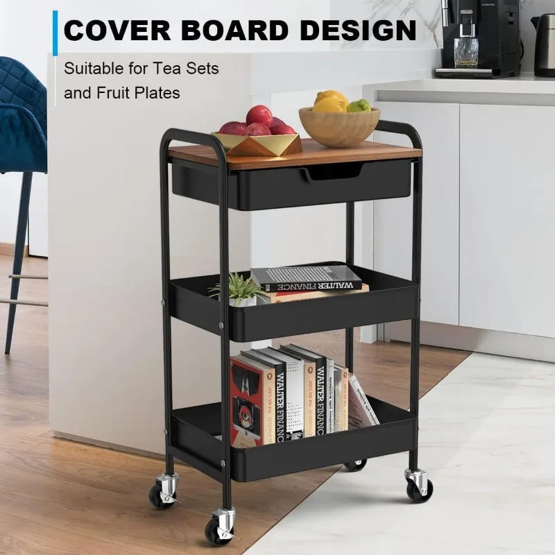3-Tier Rolling Utility Cart with Drawer and Wood Top – Metal Storage Organizer