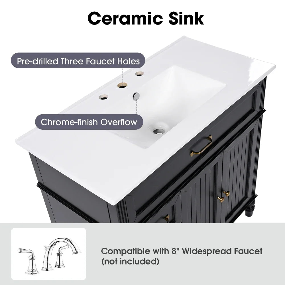 Modern 36" Bathroom Vanity with Sink – Black Finish, Drawers & Durable Frame