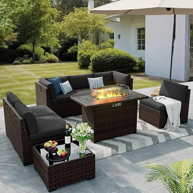 8-Piece Outdoor Patio Set with 44'' Gas Fire Pit – Rattan Sectional Conversation Furniture