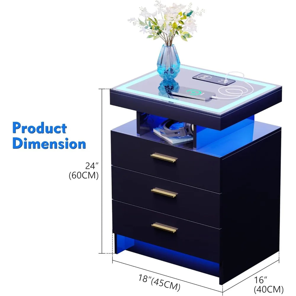 3-Drawer LED Nightstand with Wireless Charger and 3-Mode Sensor Light