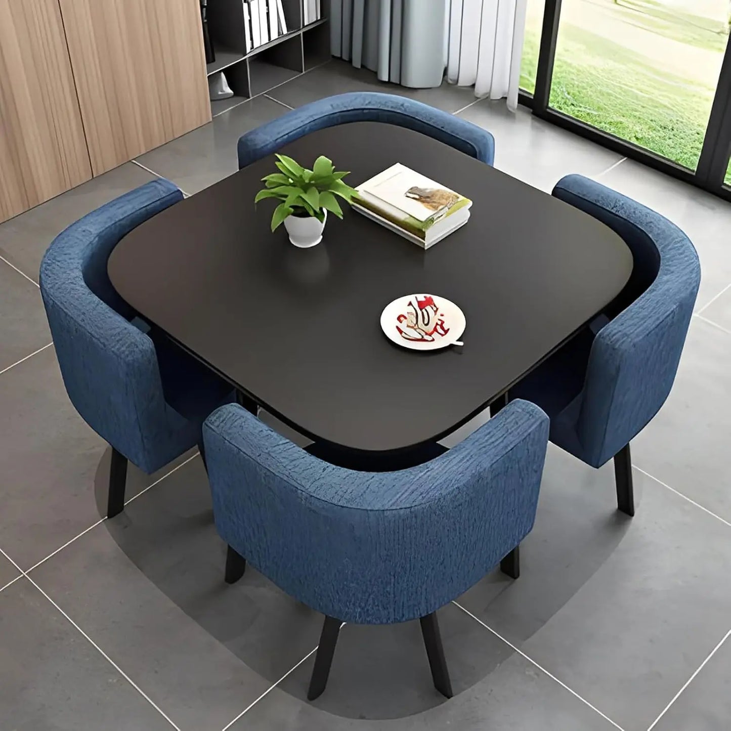 5-Piece Modern Dining Set, Stone-Style Table with Space-Saving Chairs