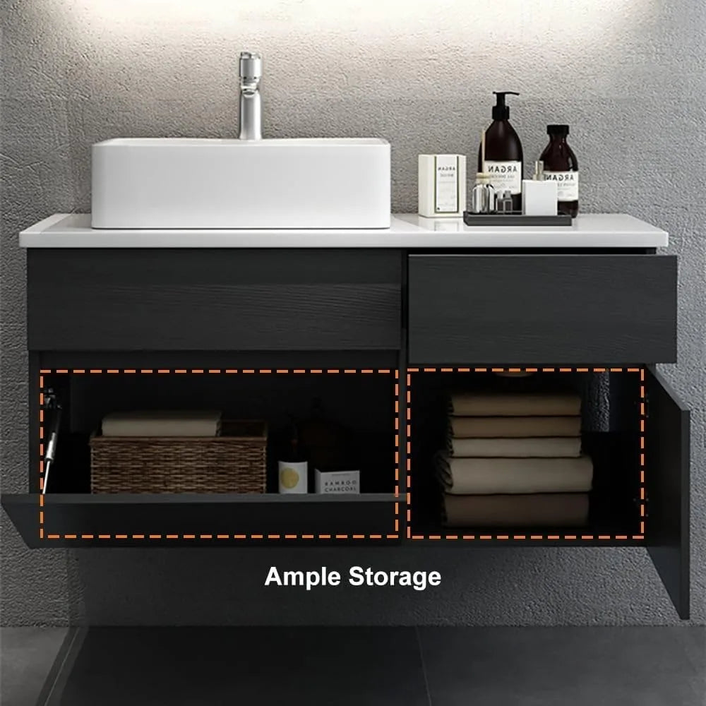 31" Wall-Mounted Floating Bathroom Vanity with Ceramic Vessel Sink
