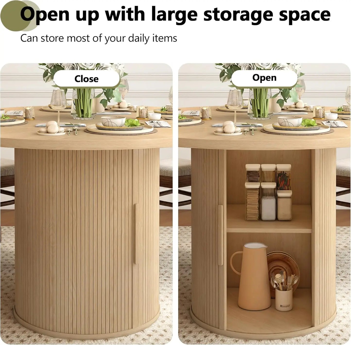 47-Inch Round Dining Table for 4 with 2-Layer Storage Shelf and Wood Sliding Door