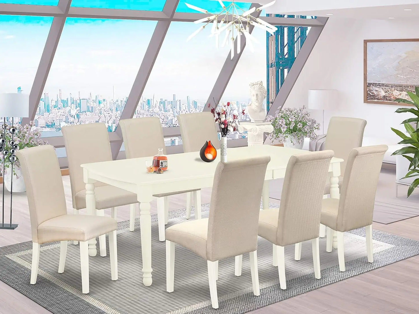 9 Piece Modern Dining Rectangle Wooden Table Set with Butterfly Leaf and 8 Linen Fabric Chairs