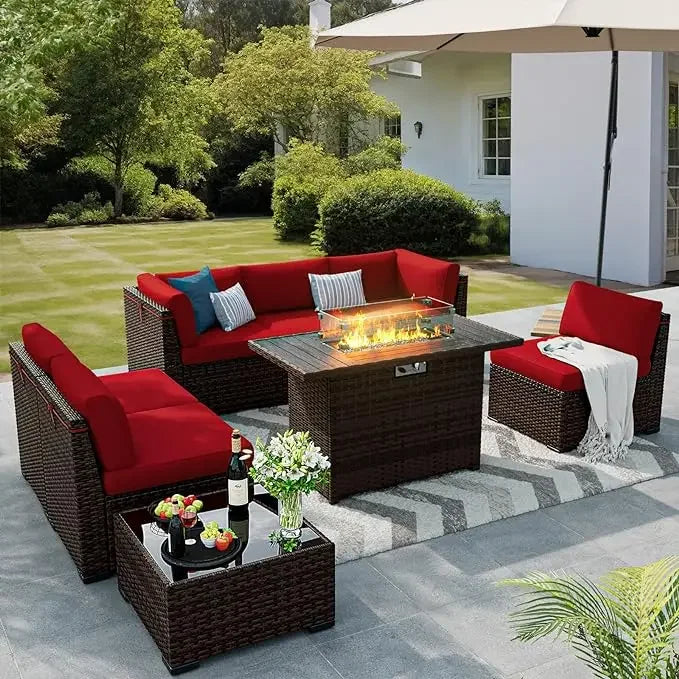 8-Piece Outdoor Patio Set with 44'' Gas Fire Pit – Rattan Sectional Conversation Furniture