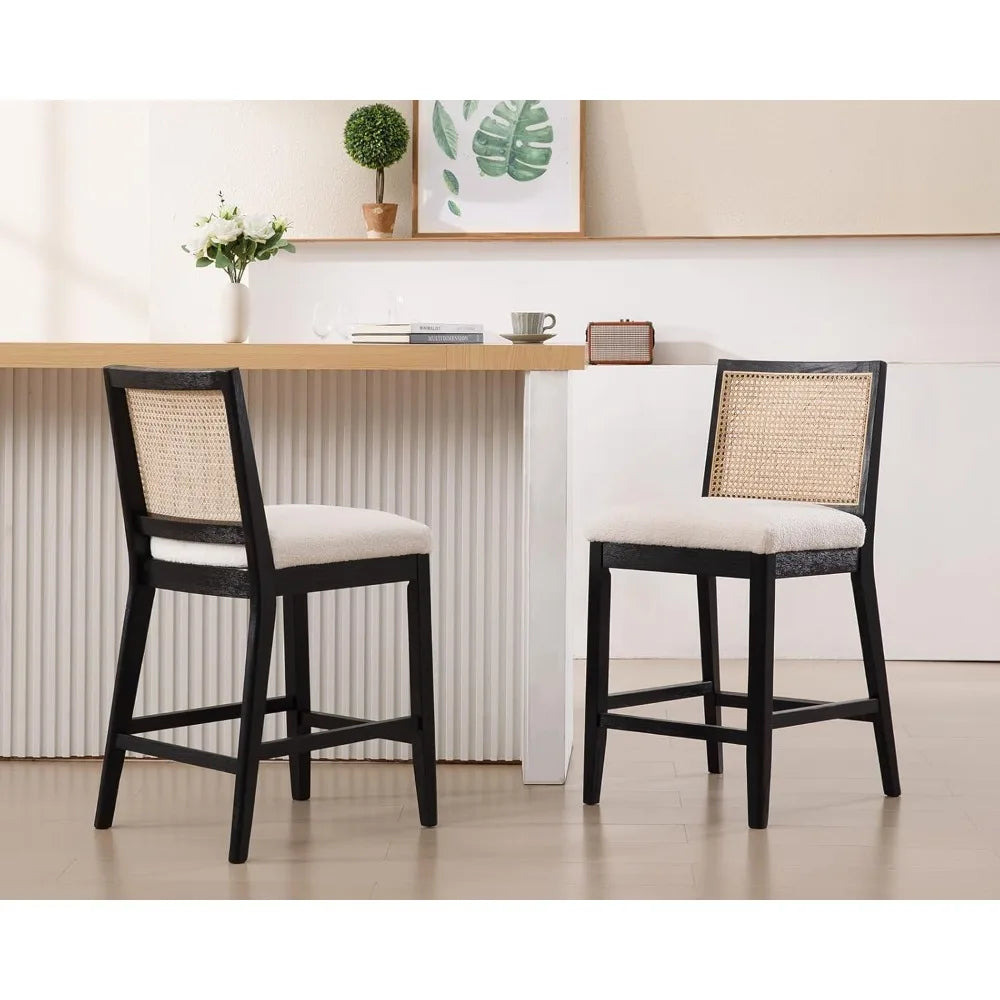 26" Modern Farmhouse Rattan Bar Stools – Upholstered Counter-Height with Backrest