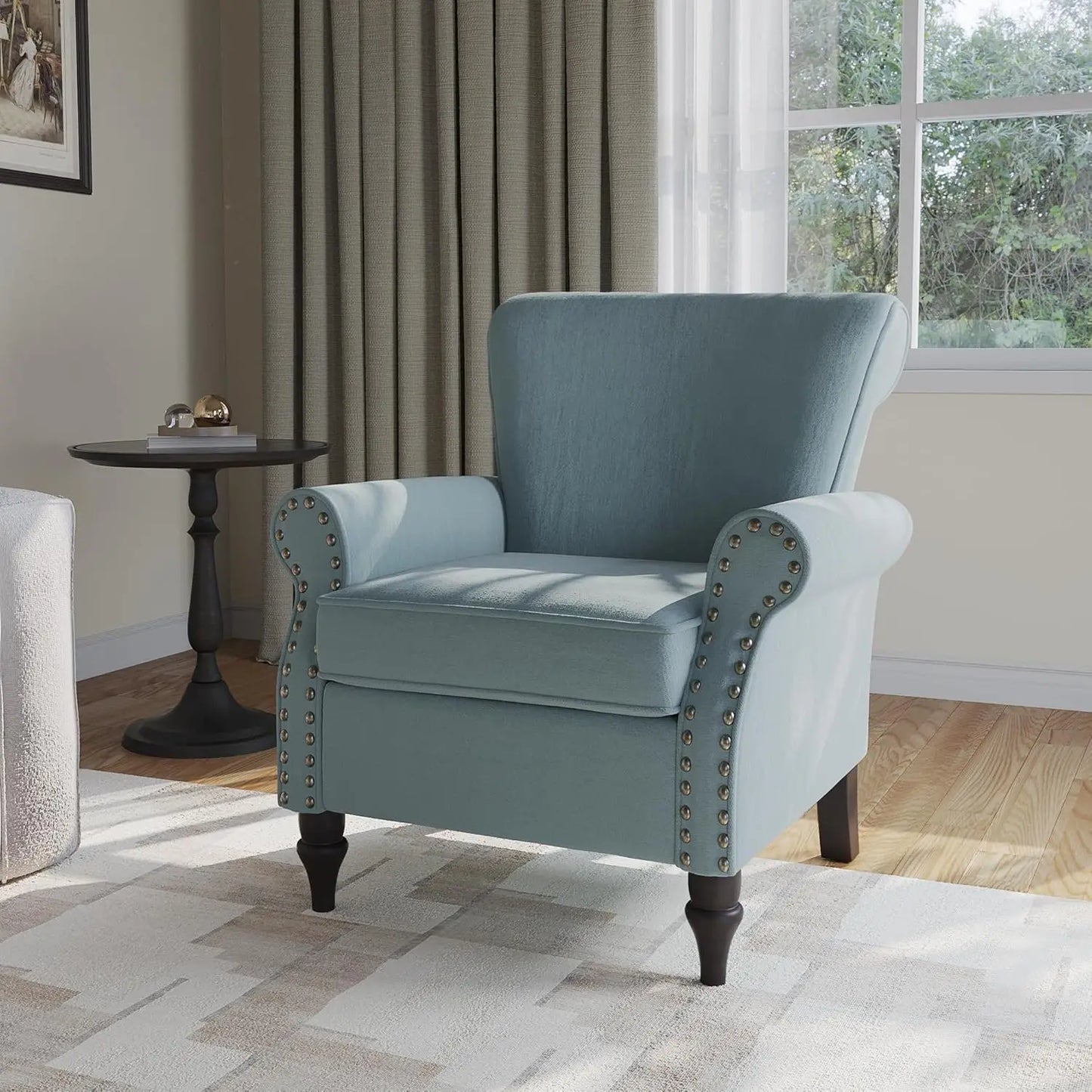 Accent Arm Chair, Upholstered High Back Wingback with Nailhead Trim
