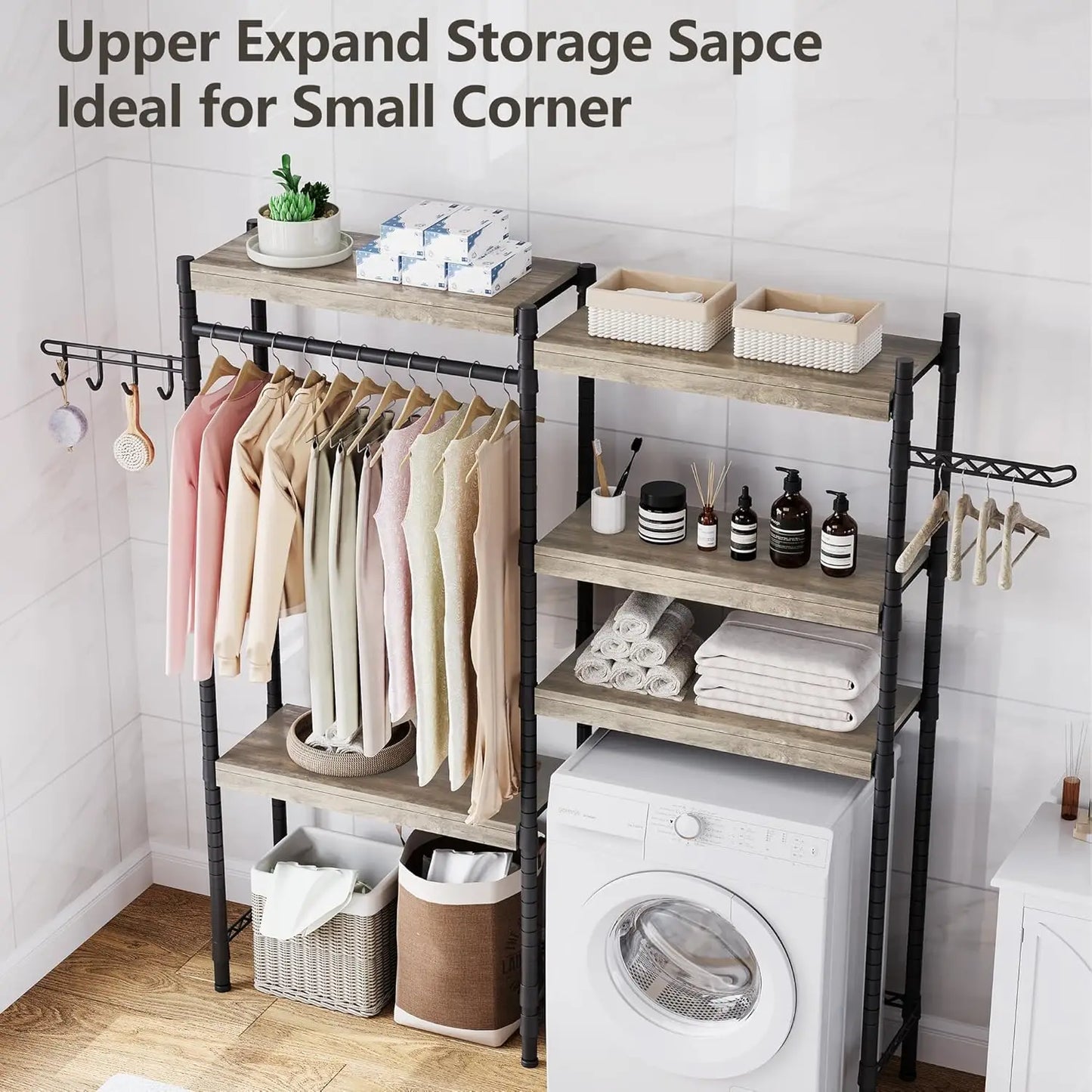 5-Tier Wood Laundry Shelf – Over Washer & Dryer Organizer, Clothes Rack