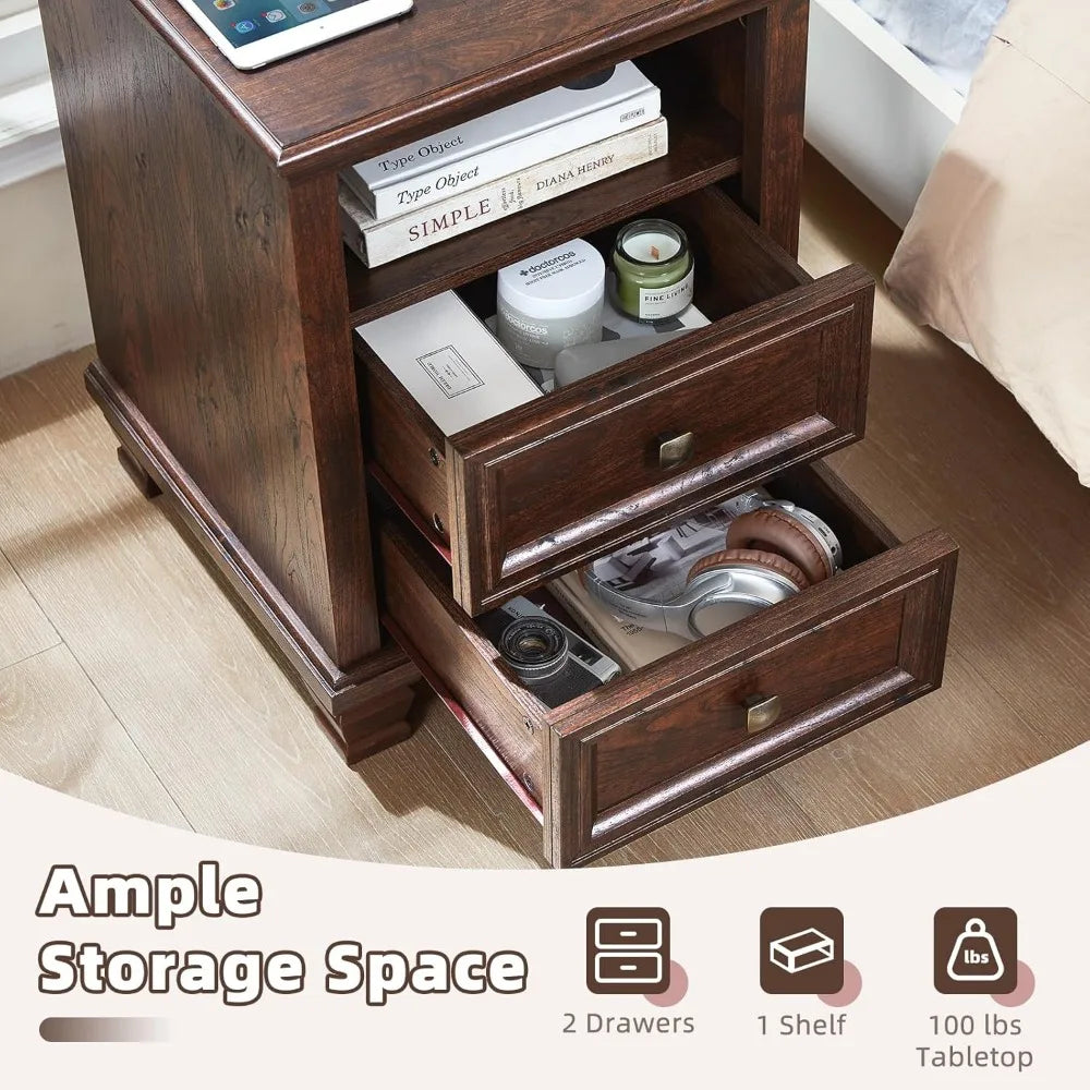 24" Farmhouse Walnut Nightstand with Charging Station, 2 Drawers End Table