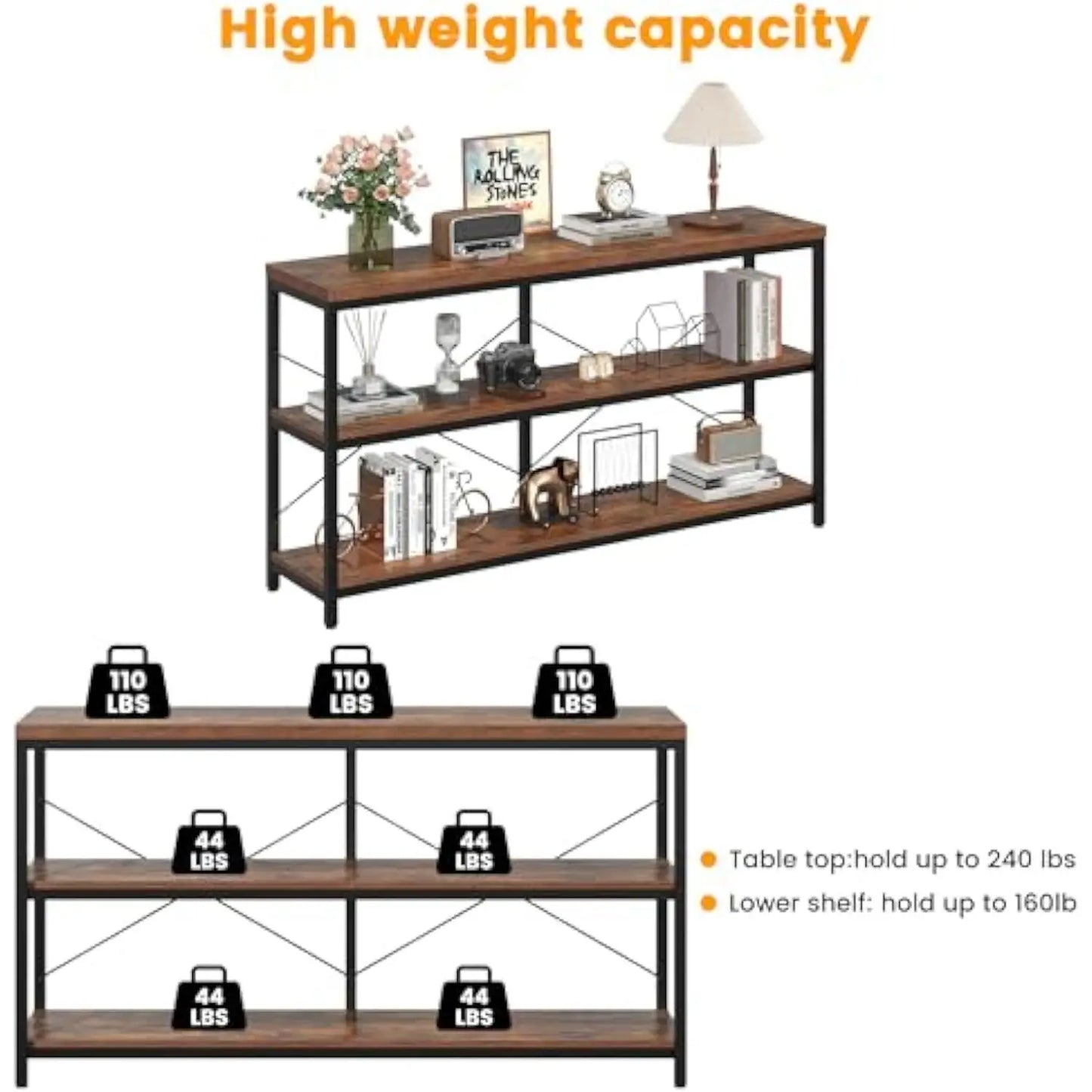 55.1" Narrow Console Table - Extra Long 3-Tier Wood Storage Shelf