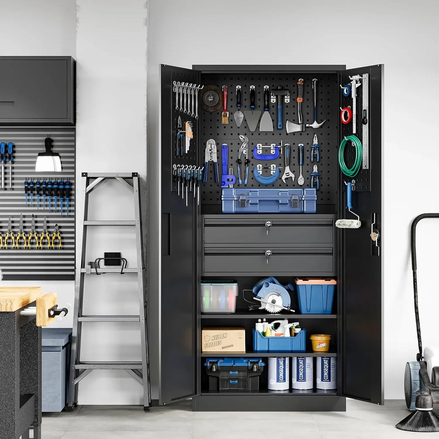 71" Metal Garage Storage Cabinet with Locking Doors, 2 Drawers & Pegboard
