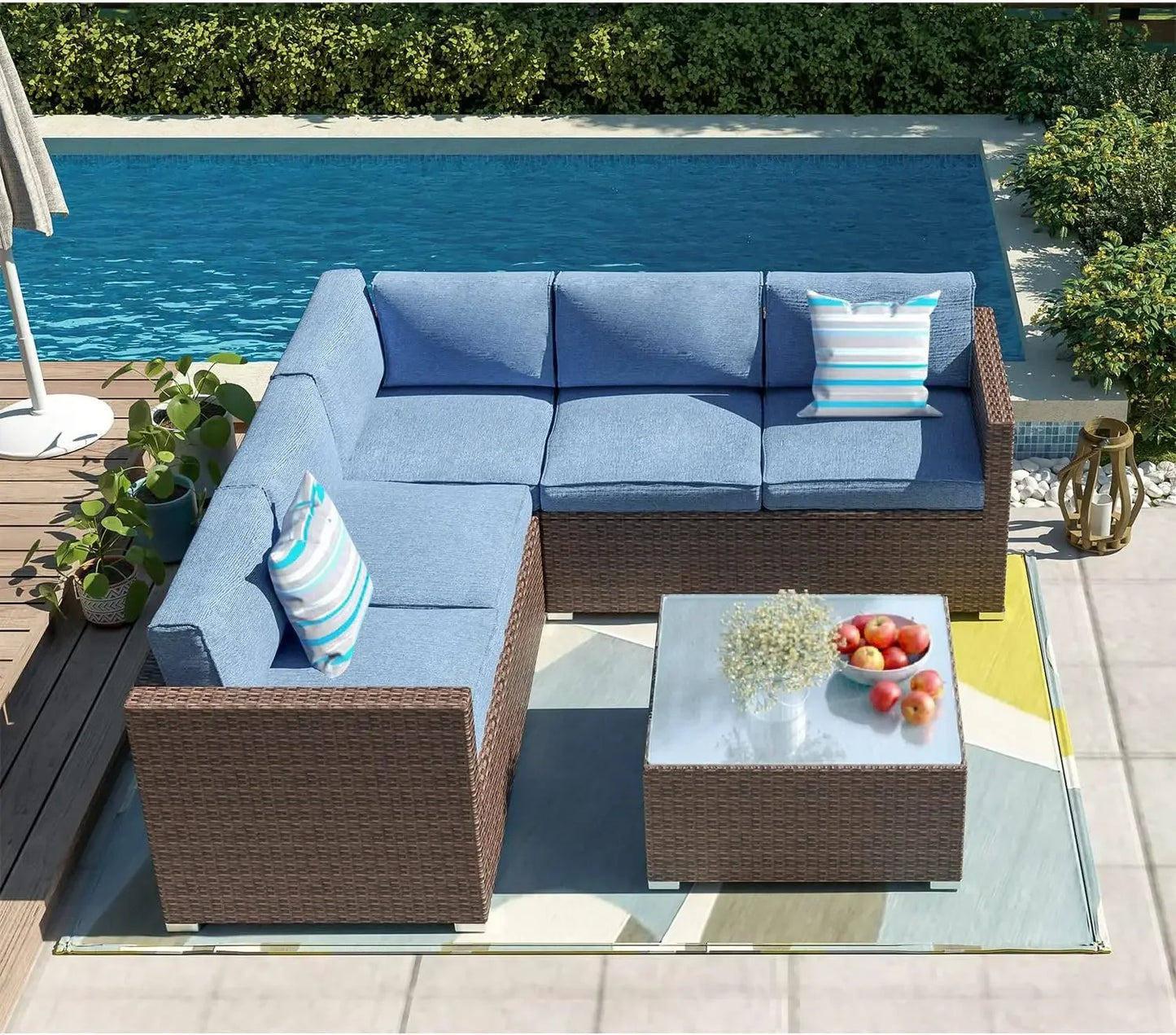 🌿 6-Piece Outdoor Wicker Patio Set | Sofa Comes with Gray or Sky Blue Cushions