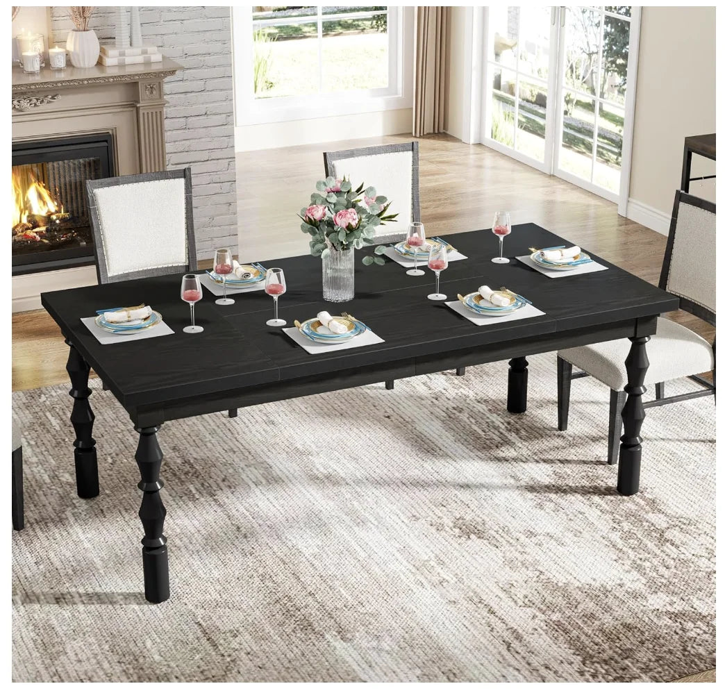 Wood Black Dining Table for 4-6 People, Farmhouse Large Rectangle Kitchen Table