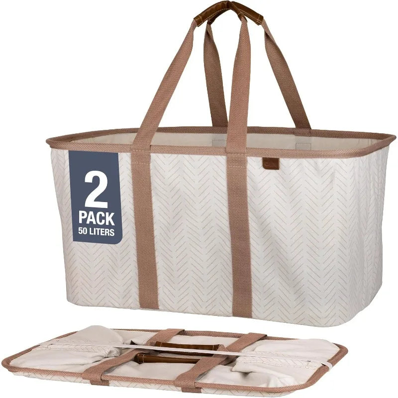 Luxe Herringbone Collapsible Laundry Tote - 2-Pack 50L, Foldable Storage Bins