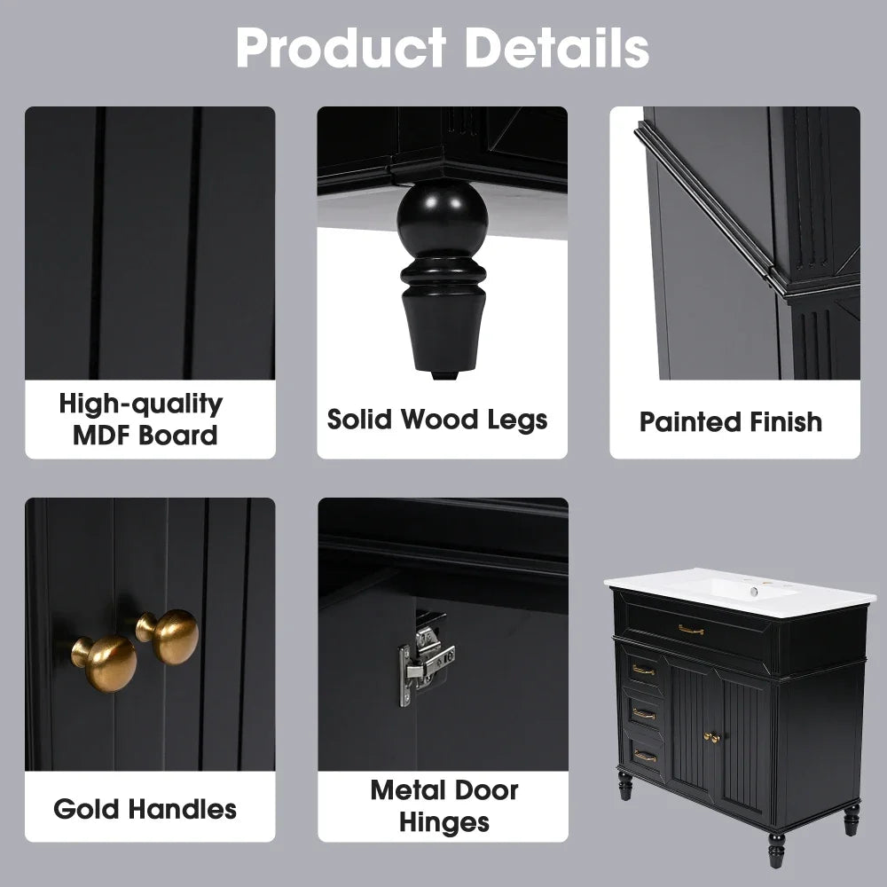 Modern 36" Bathroom Vanity with Sink – Black Finish, Drawers & Durable Frame