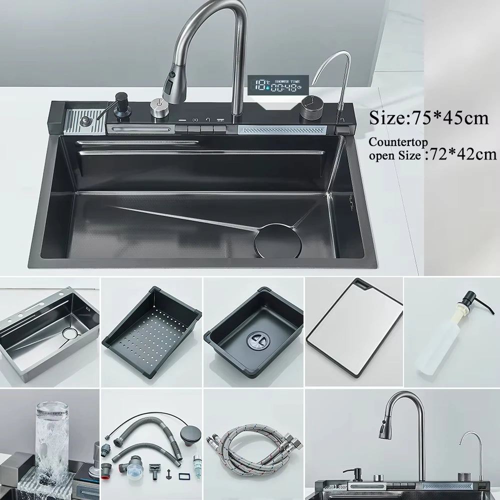 304 Stainless Steel Waterfall Kitchen Sink Set with Digital Faucet, Soap Dispenser & Cup Washer