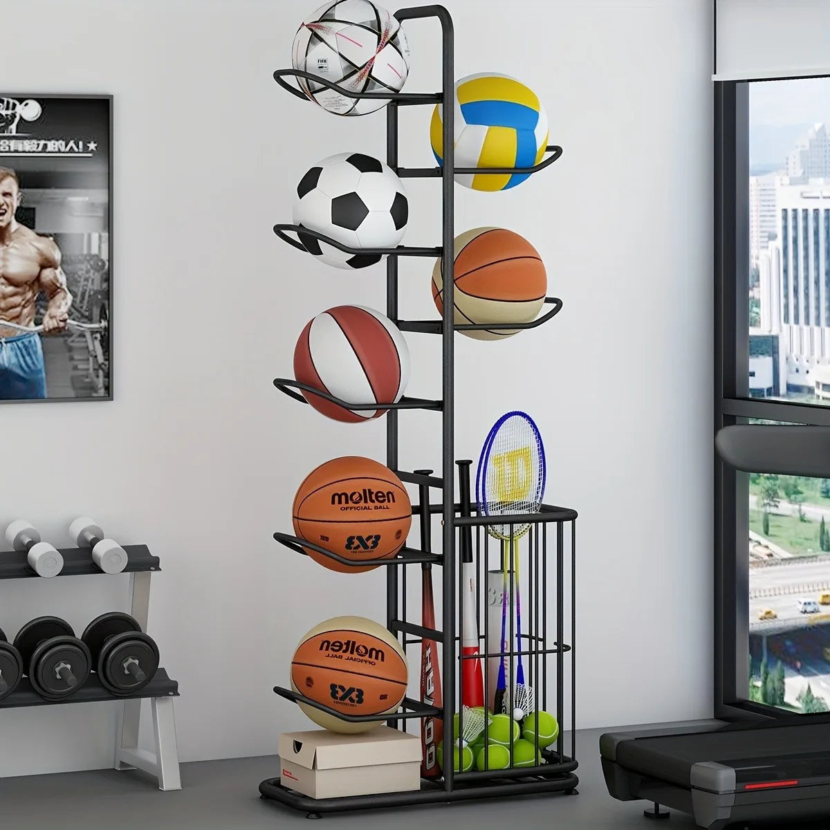 Sports Ball Storage Rack with Basket & Hooks – Garage Organizer & Basketball Stand