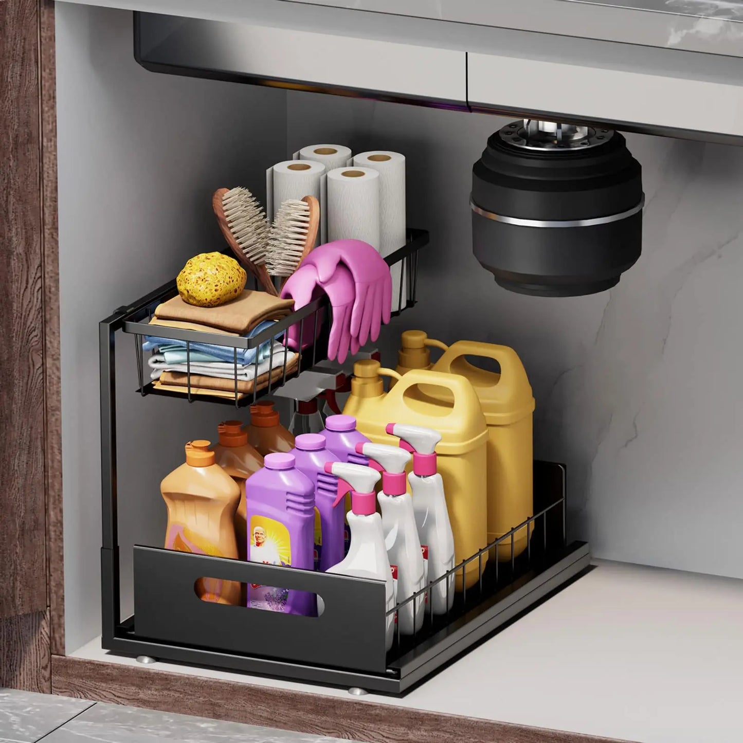 2-Tier Slide-Out Under Sink Organizer, Sturdy Metal Storage for Bathroom or Kitchen