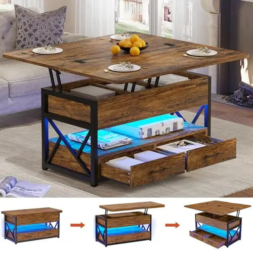 40" Lift Top Farmhouse Coffee Table with Storage, 2 Drawers & LED