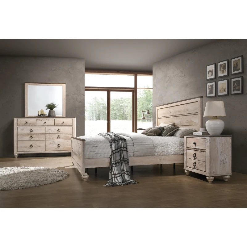 White Wash 4-Piece Bedroom Set-King Bed, Dresser, Mirror and Nightstand