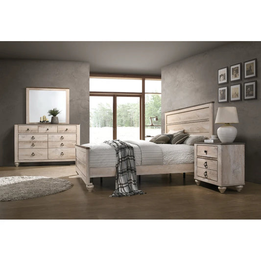 White Wash 4-Piece Bedroom Set-King Bed, Dresser, Mirror and Nightstand