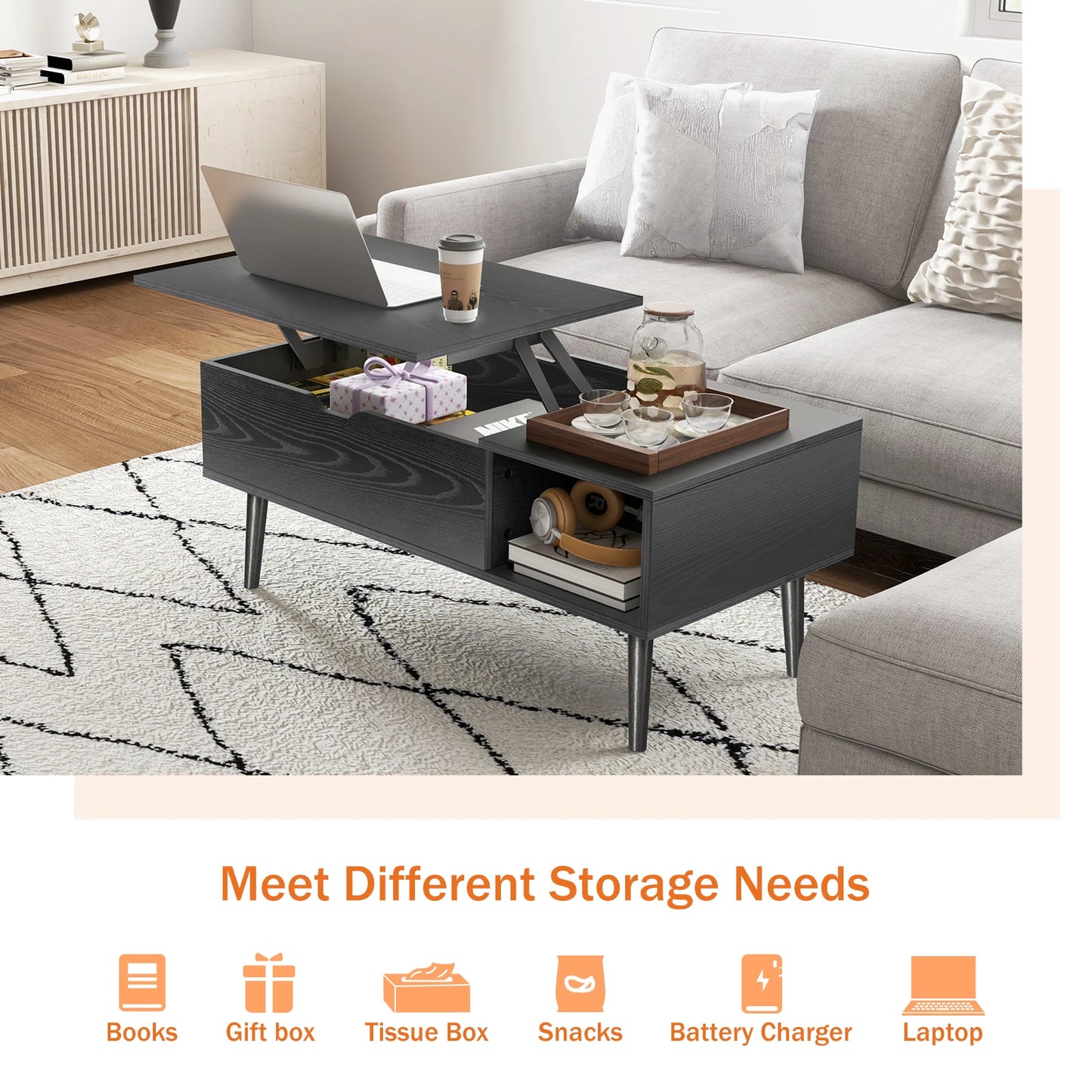 JHK Lift Top Coffee Table Adjustable Storage Shelf