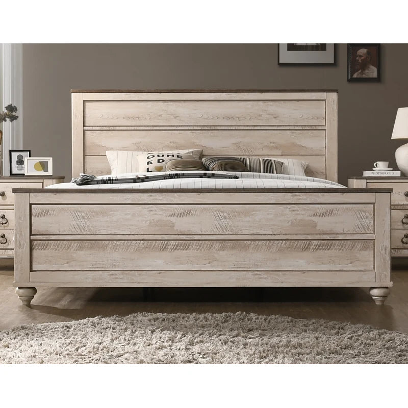 White Wash 4-Piece Bedroom Set-King Bed, Dresser, Mirror and Nightstand