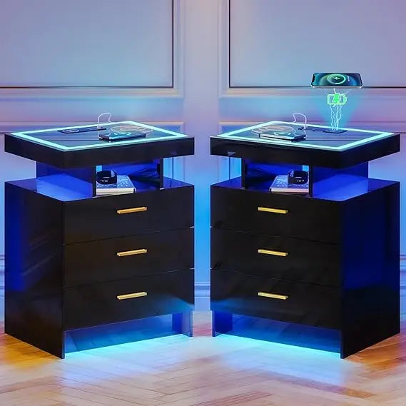 3-Drawer LED Nightstand with Wireless Charger and 3-Mode Sensor Light