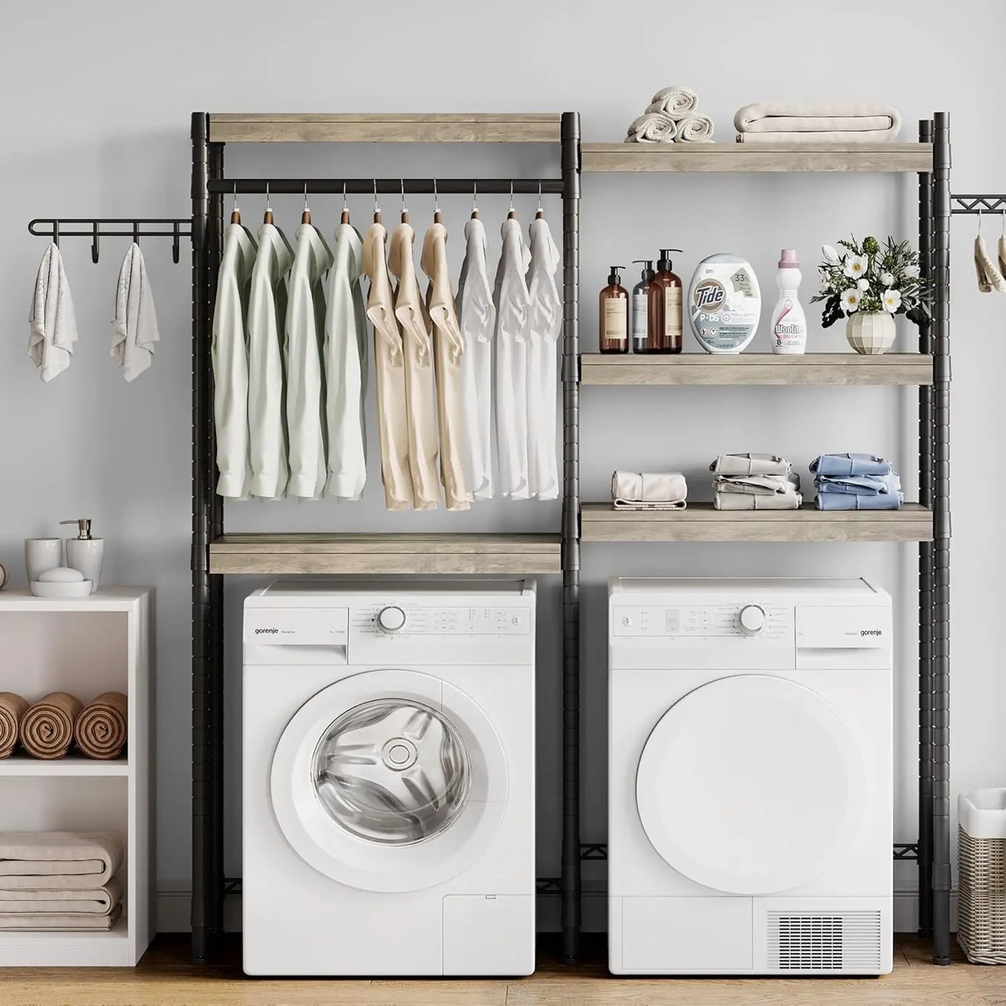 5-Tier Wood Laundry Shelf – Over Washer & Dryer Organizer, Clothes Rack