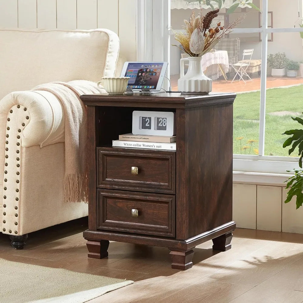 24" Farmhouse Walnut Nightstand with Charging Station, 2 Drawers End Table