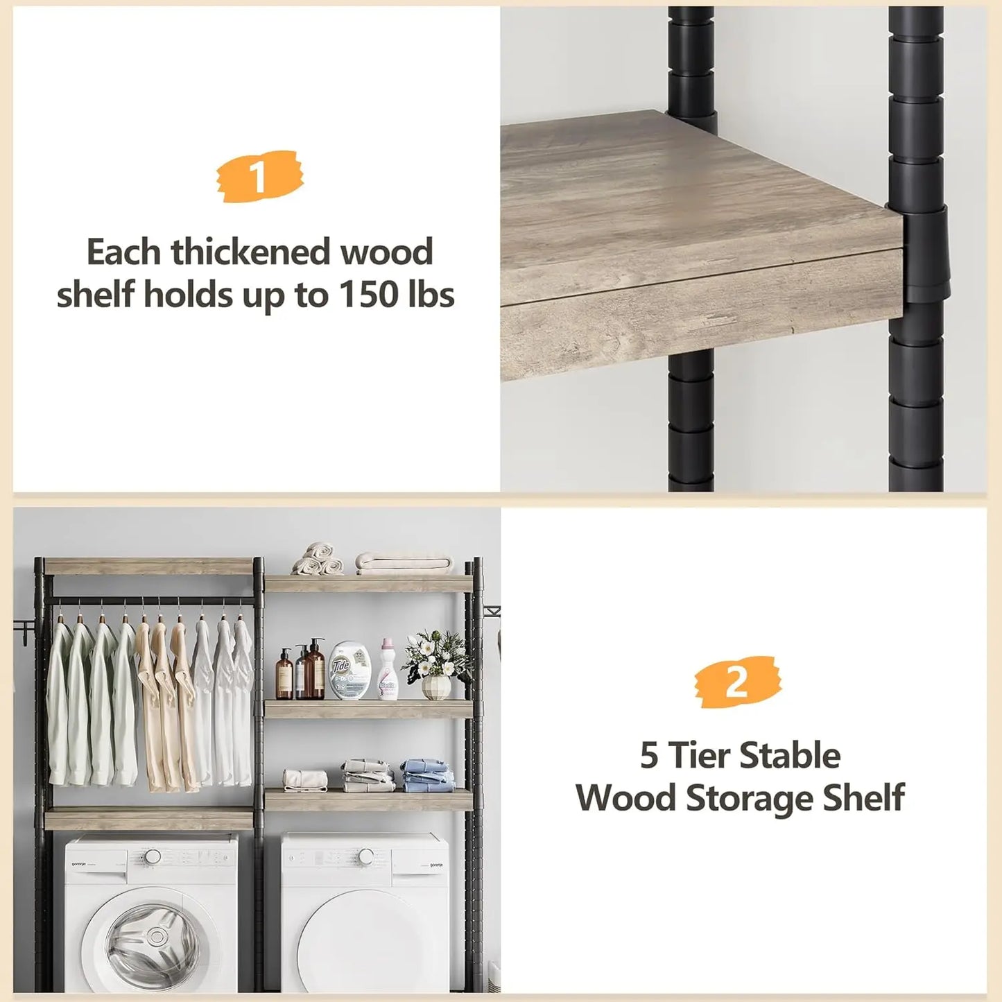 5-Tier Wood Laundry Shelf – Over Washer & Dryer Organizer, Clothes Rack