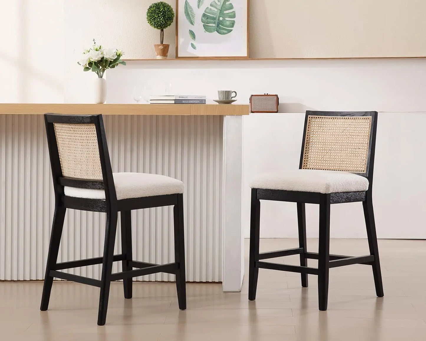 26" Modern Farmhouse Rattan Bar Stools – Upholstered Counter-Height with Backrest