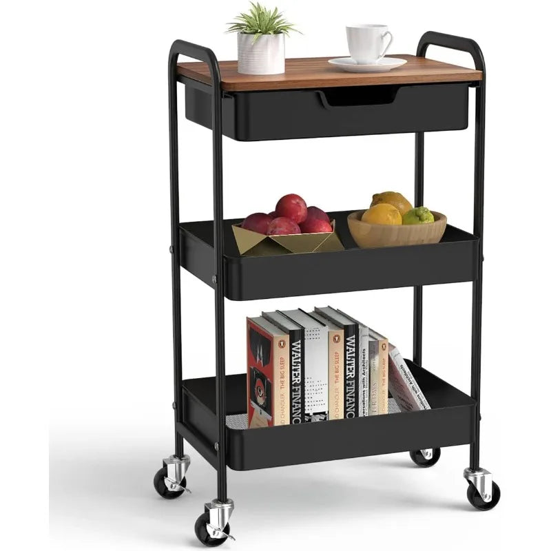 3-Tier Rolling Utility Cart with Drawer and Wood Top – Metal Storage Organizer