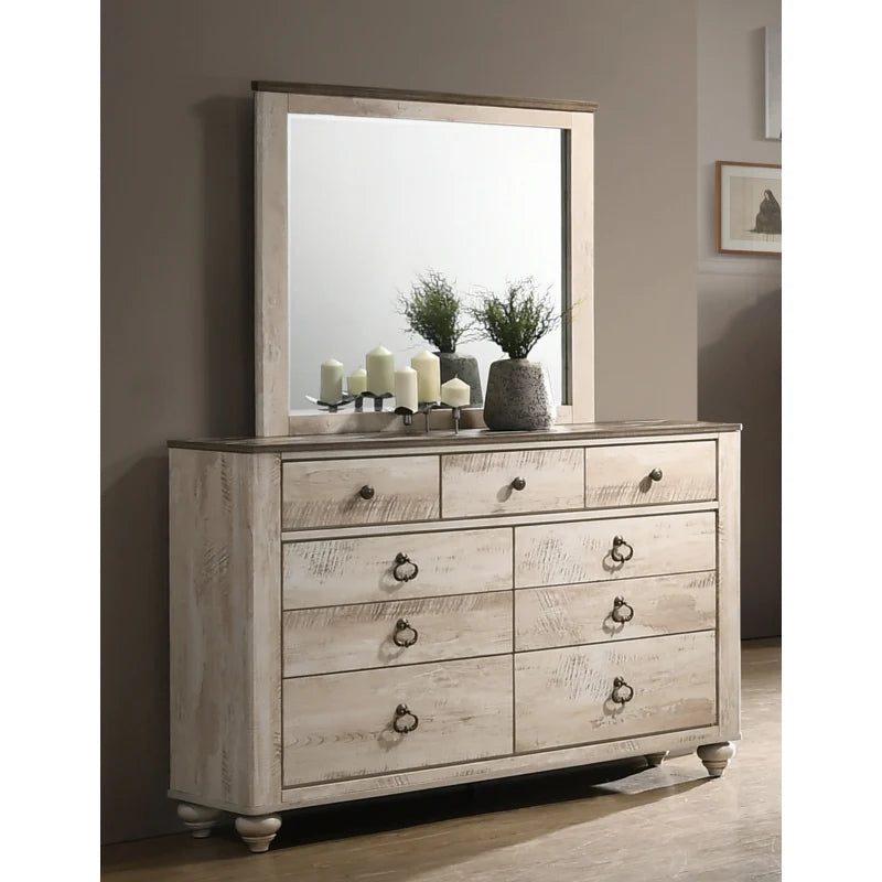 White Wash 4-Piece Bedroom Set-King Bed, Dresser, Mirror and Nightstand