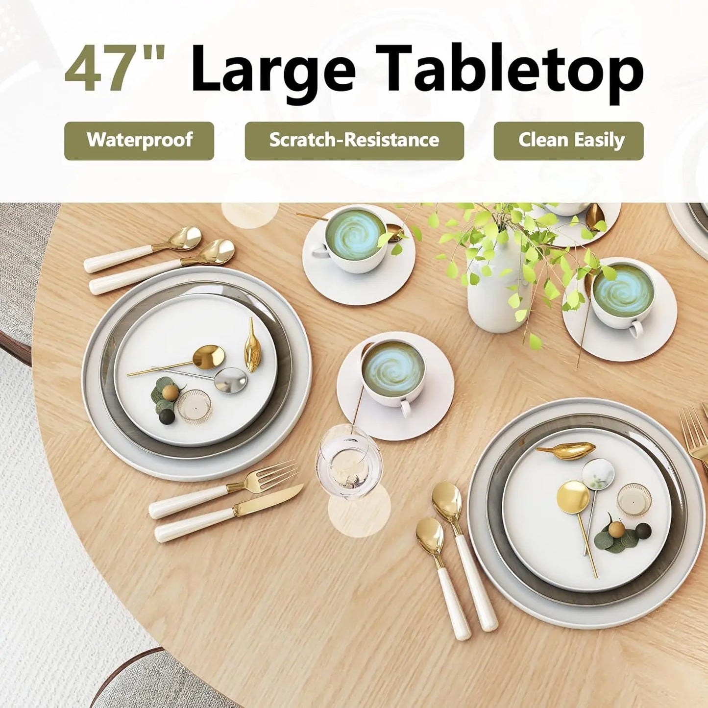 47-Inch Round Dining Table for 4 with 2-Layer Storage Shelf and Wood Sliding Door