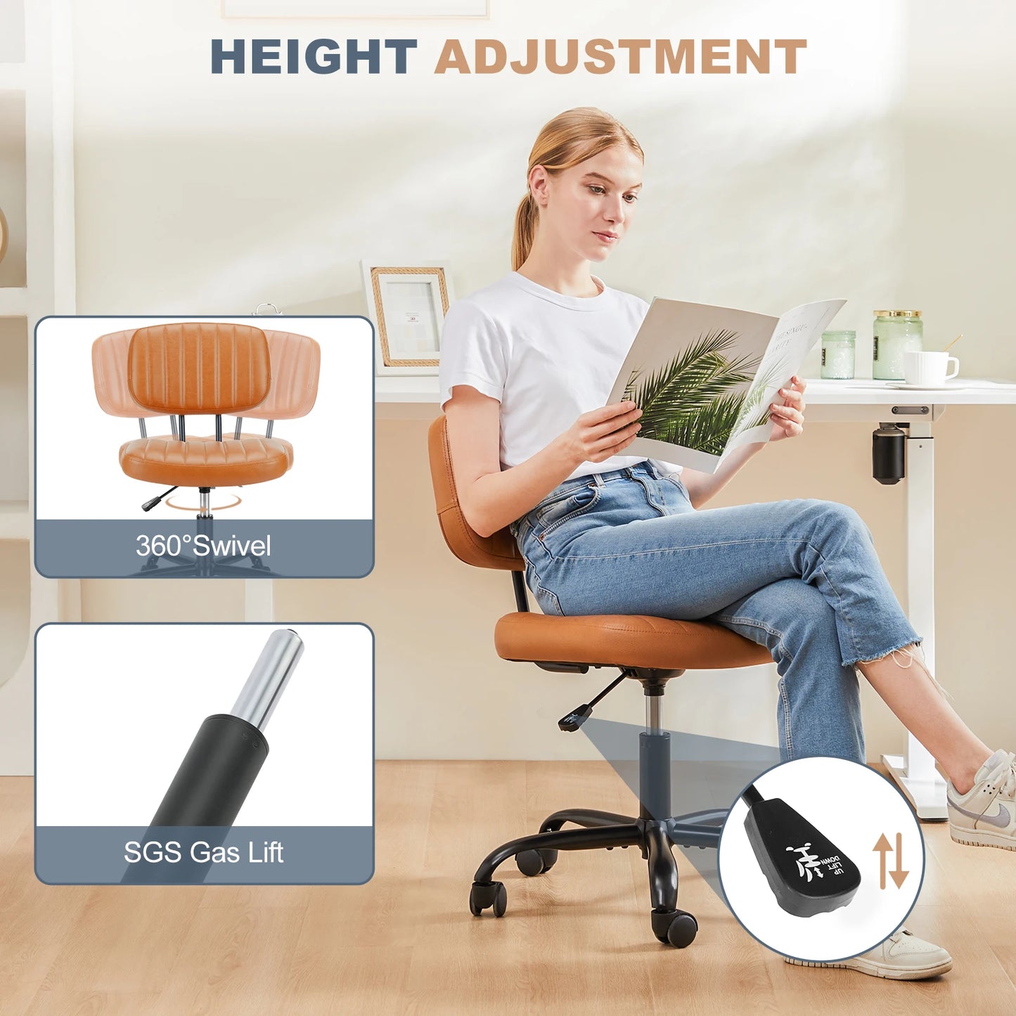 JHK Armless PU Leather Office Chair – Adjustable Height & Lumbar Support with 360° Swivel Wheels